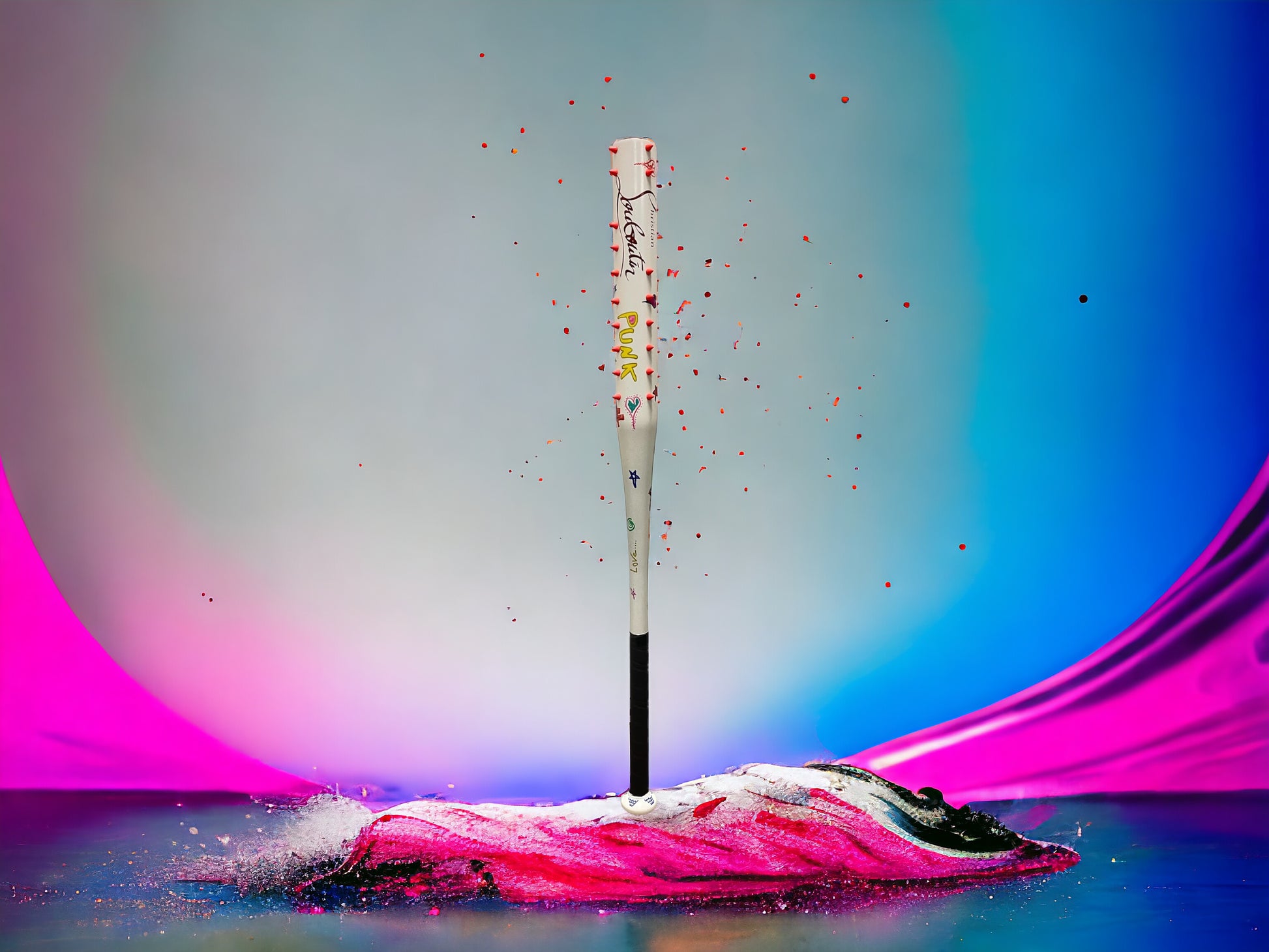 Batte de baseball Christian Louboutin clouter punk orange   de l'artiste wally walid sahraoui popart oeuvre d'art originale et unique au monde 